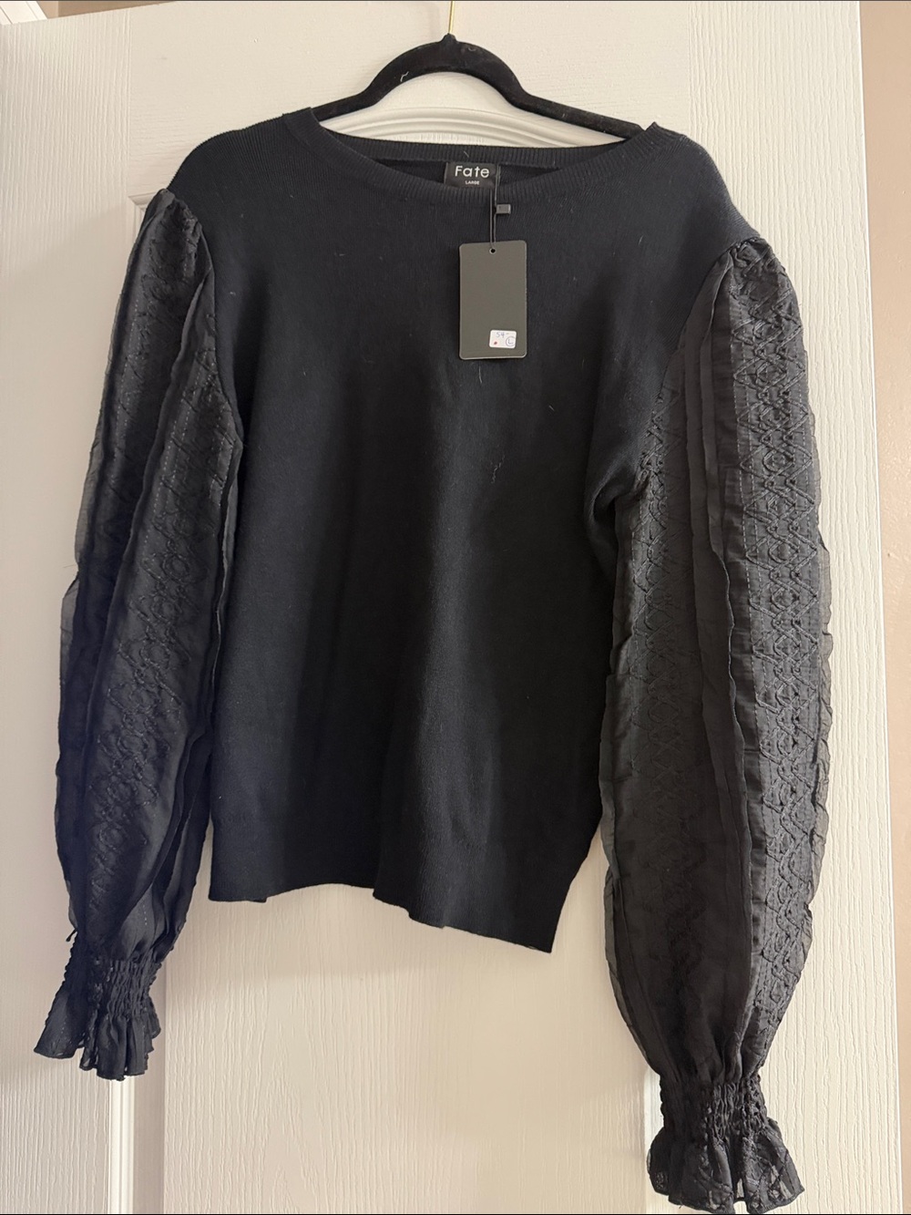 Fate Black Knit Top with Textured Sheer Puff Sleeves